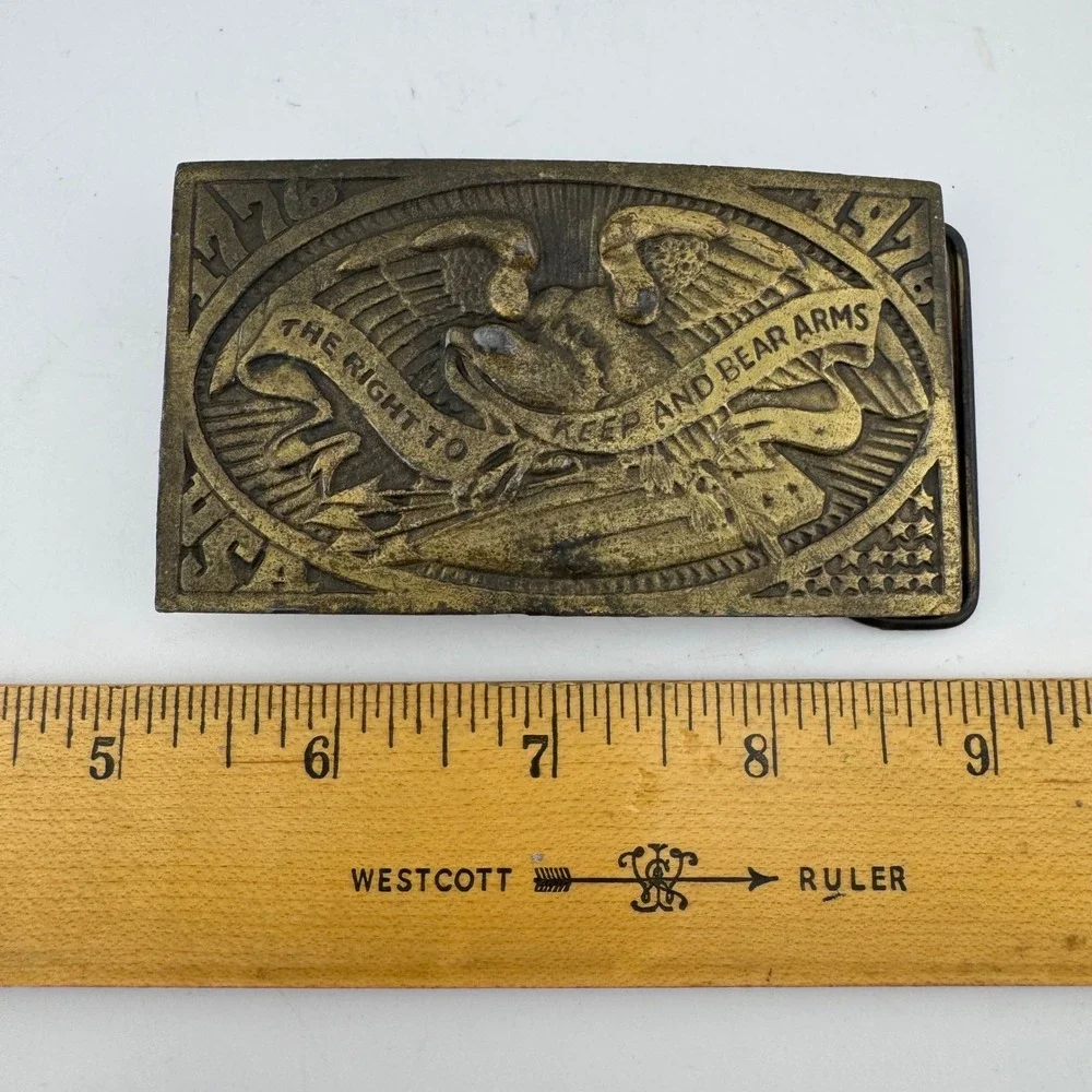 Vintage C.P. Romano Brass Belt Buckle 1974 Bicentennial Eagle 2nd Amendment